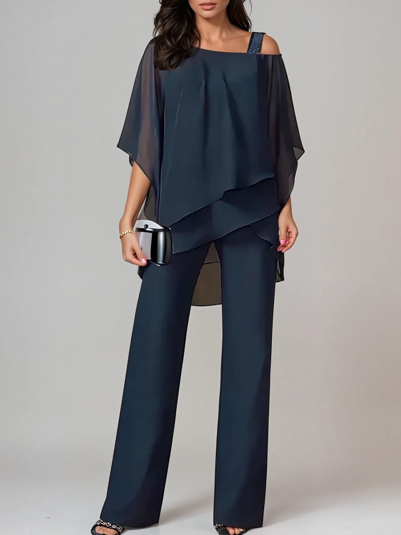 Off-the-shoulder Irregular Chiffon Suit-thevervian