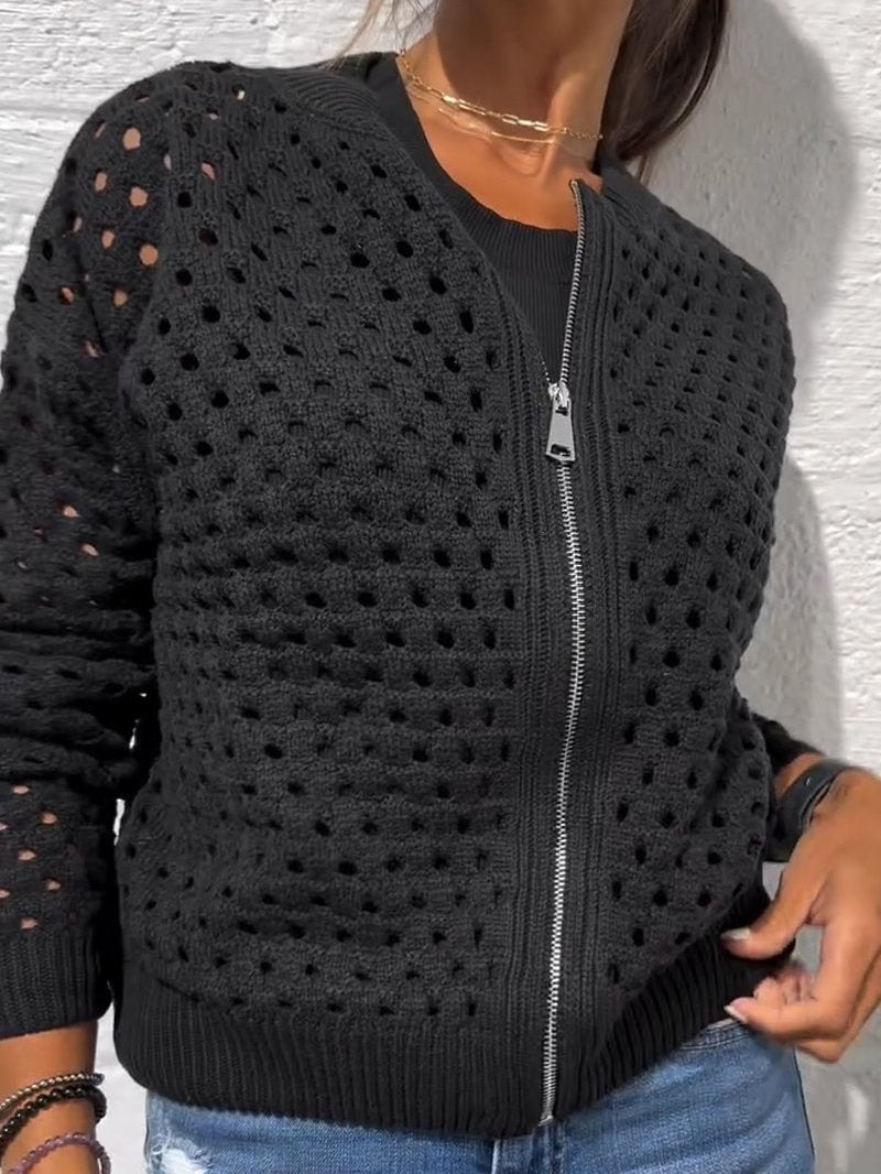 Openwork Knit Zip-up Casual Jacket-thevervian