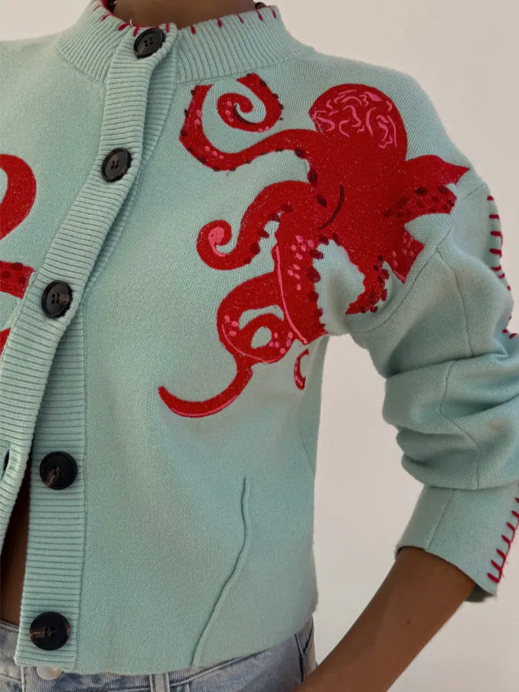 Fun Octopus Pattern Knitted Cardigan-thevervian