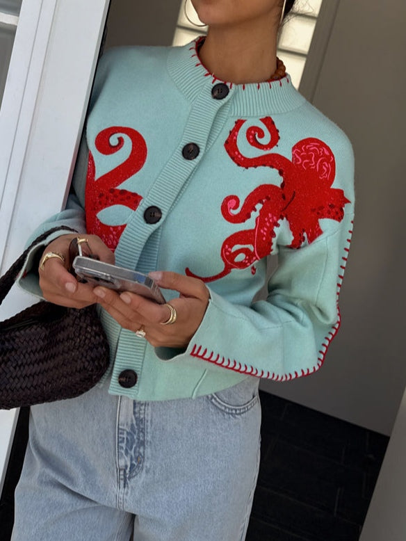 Fun Octopus Pattern Knitted Cardigan-thevervian