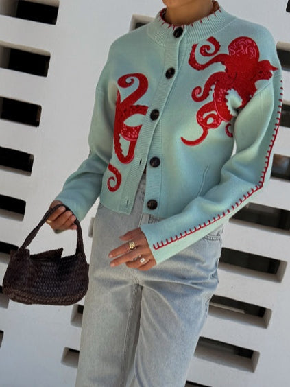Fun Octopus Pattern Knitted Cardigan-thevervian