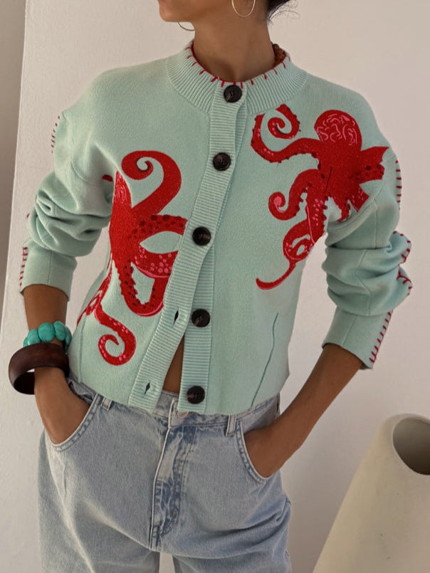 Fun Octopus Pattern Knitted Cardigan-thevervian