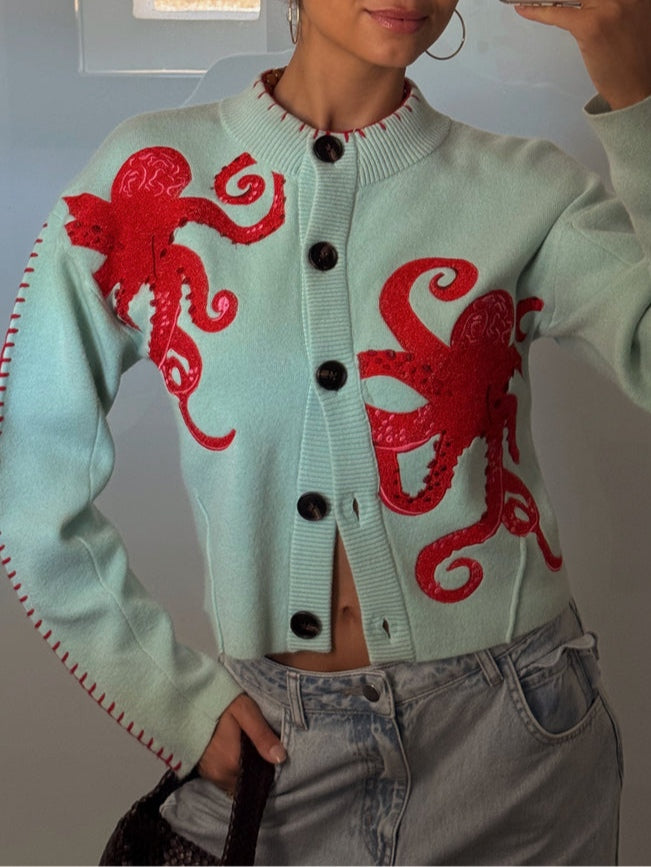 Fun Octopus Pattern Knitted Cardigan-thevervian
