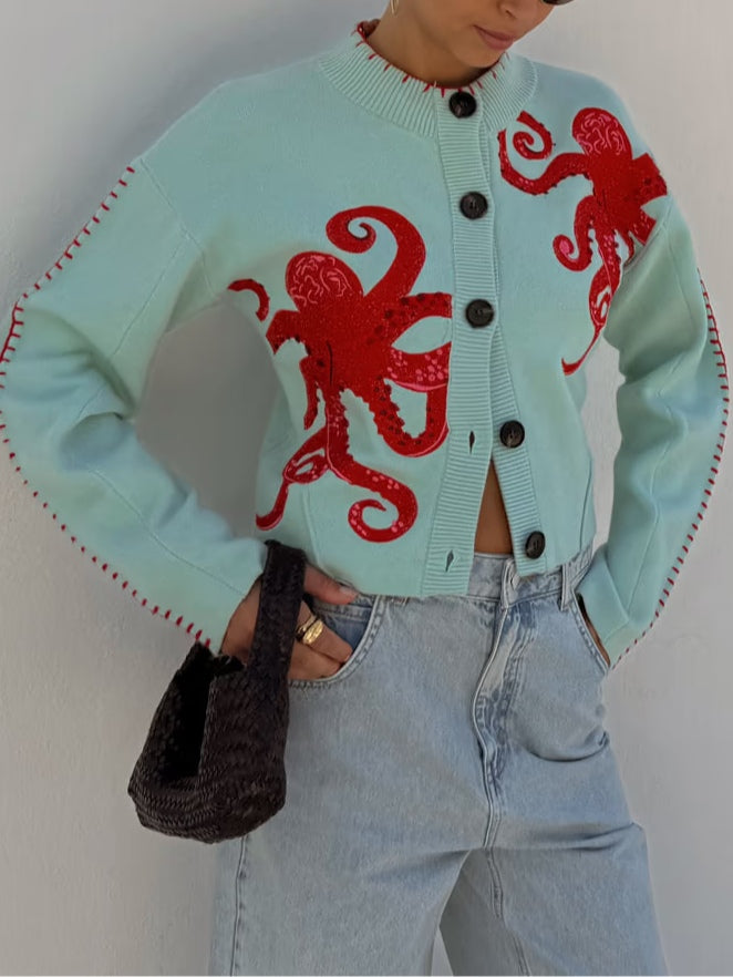 Fun Octopus Pattern Knitted Cardigan-thevervian