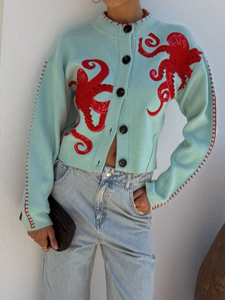 Fun Octopus Pattern Knitted Cardigan-thevervian