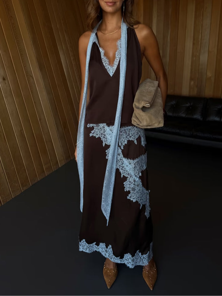 Elegant Brown and Blue Lace Panel Top + Skirt Suit Set-thevervian