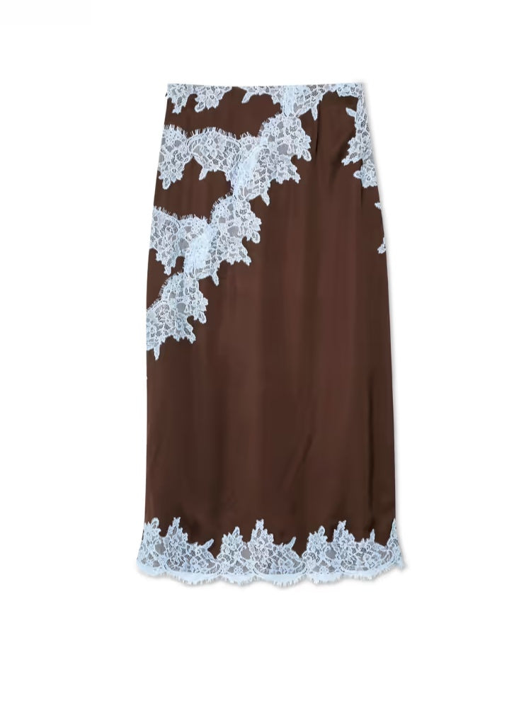 Elegant Brown and Blue Lace Panel Top + Skirt Suit Set-thevervian