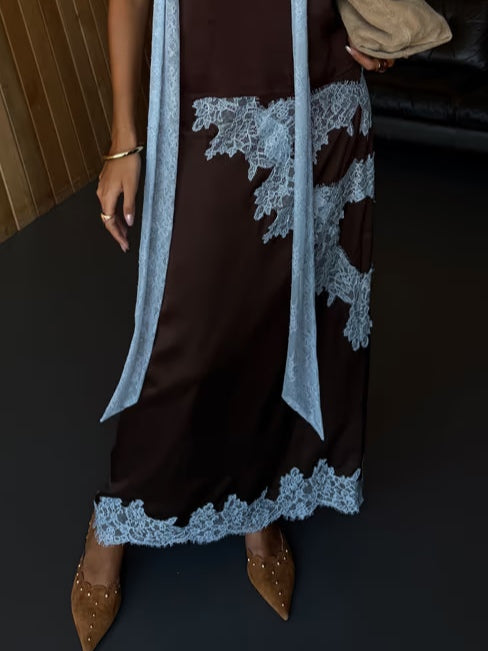 Elegant Brown and Blue Lace Panel Top + Skirt Suit Set-thevervian