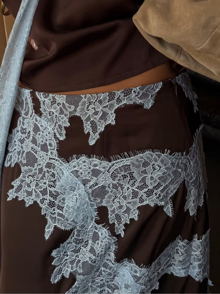 Elegant Brown and Blue Lace Panel Top + Skirt Suit Set-thevervian