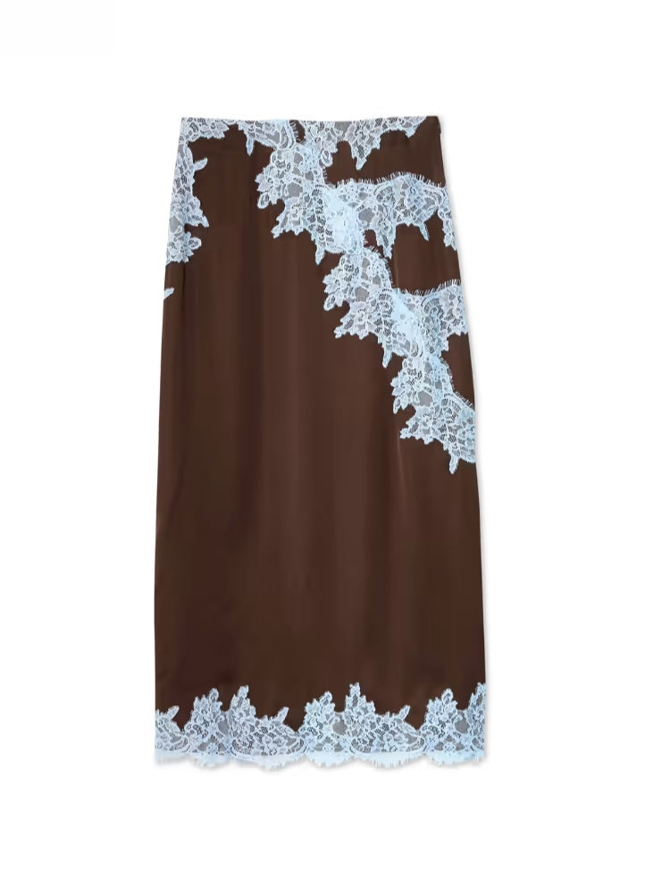 Elegant Brown and Blue Lace Panel Top + Skirt Suit Set-thevervian