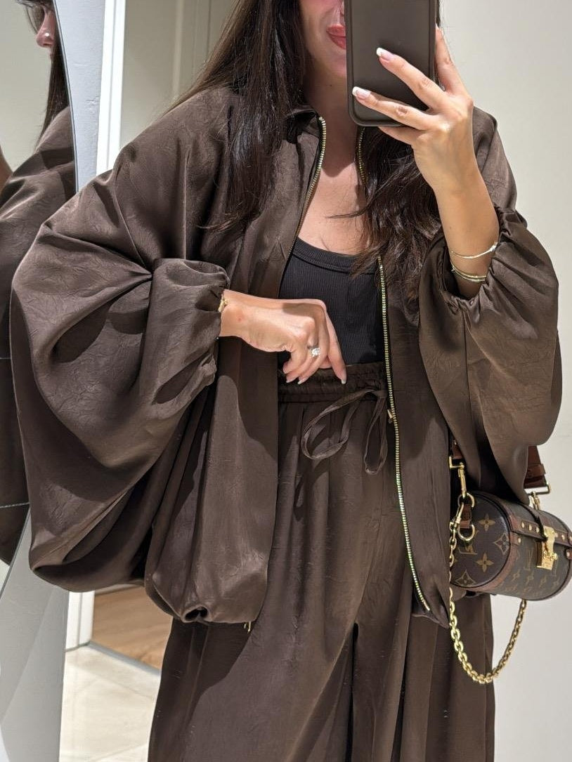 Brown Jacket + Drawstring Pants Casual Two-piece Suit-thevervian