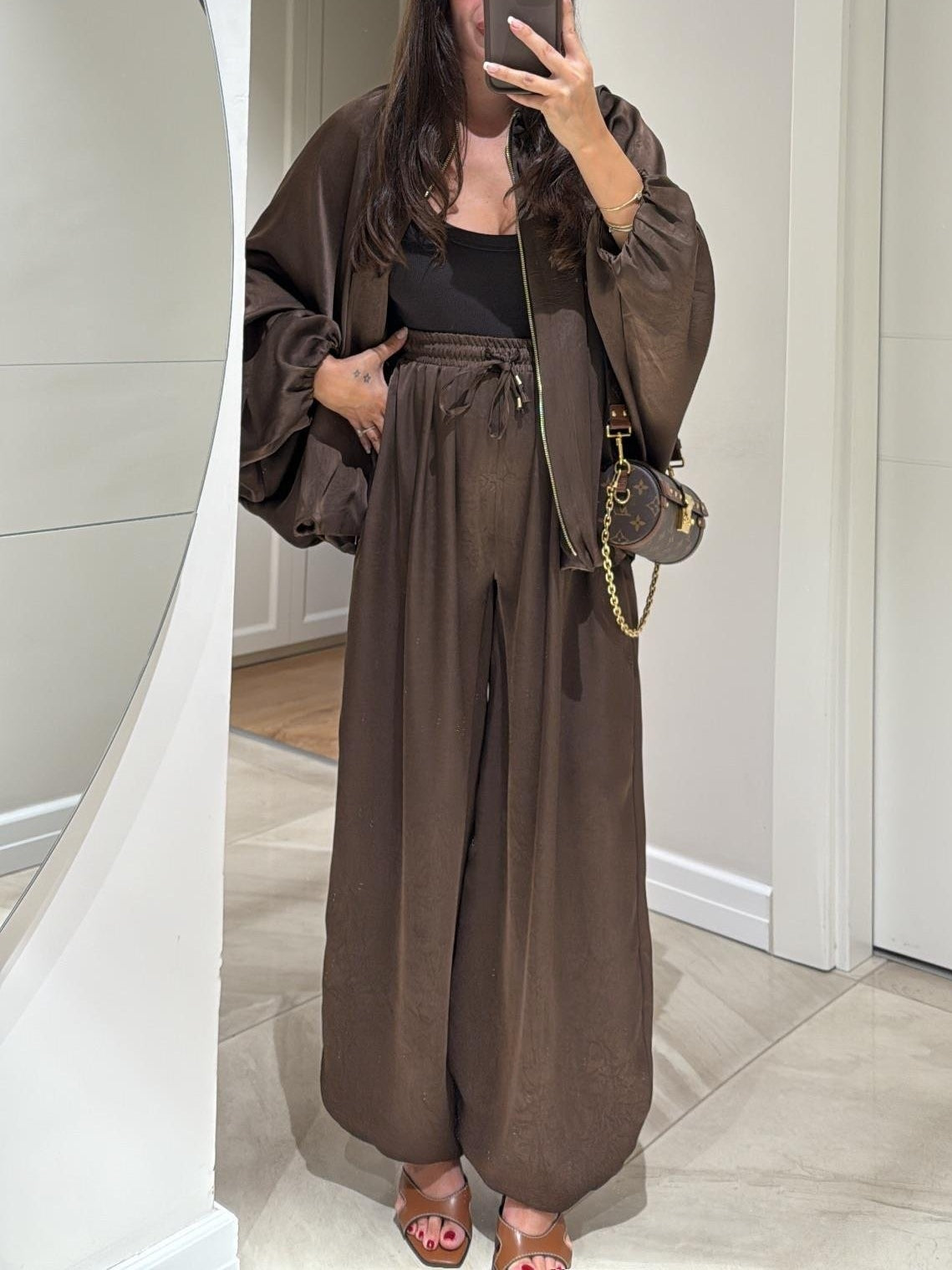 Brown Drawstring Wide-leg Casual Pants-thevervian