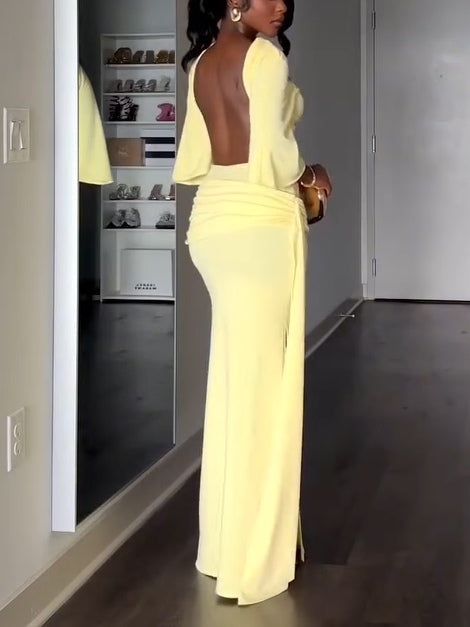 Yellow Cape Backless Maxi Dress-thevervian