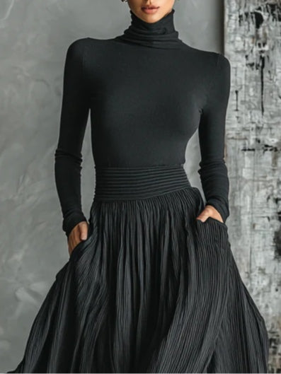 Fashion All Black Skinny Turtleneck T-shirt Pleated Skirt Set-thevervian