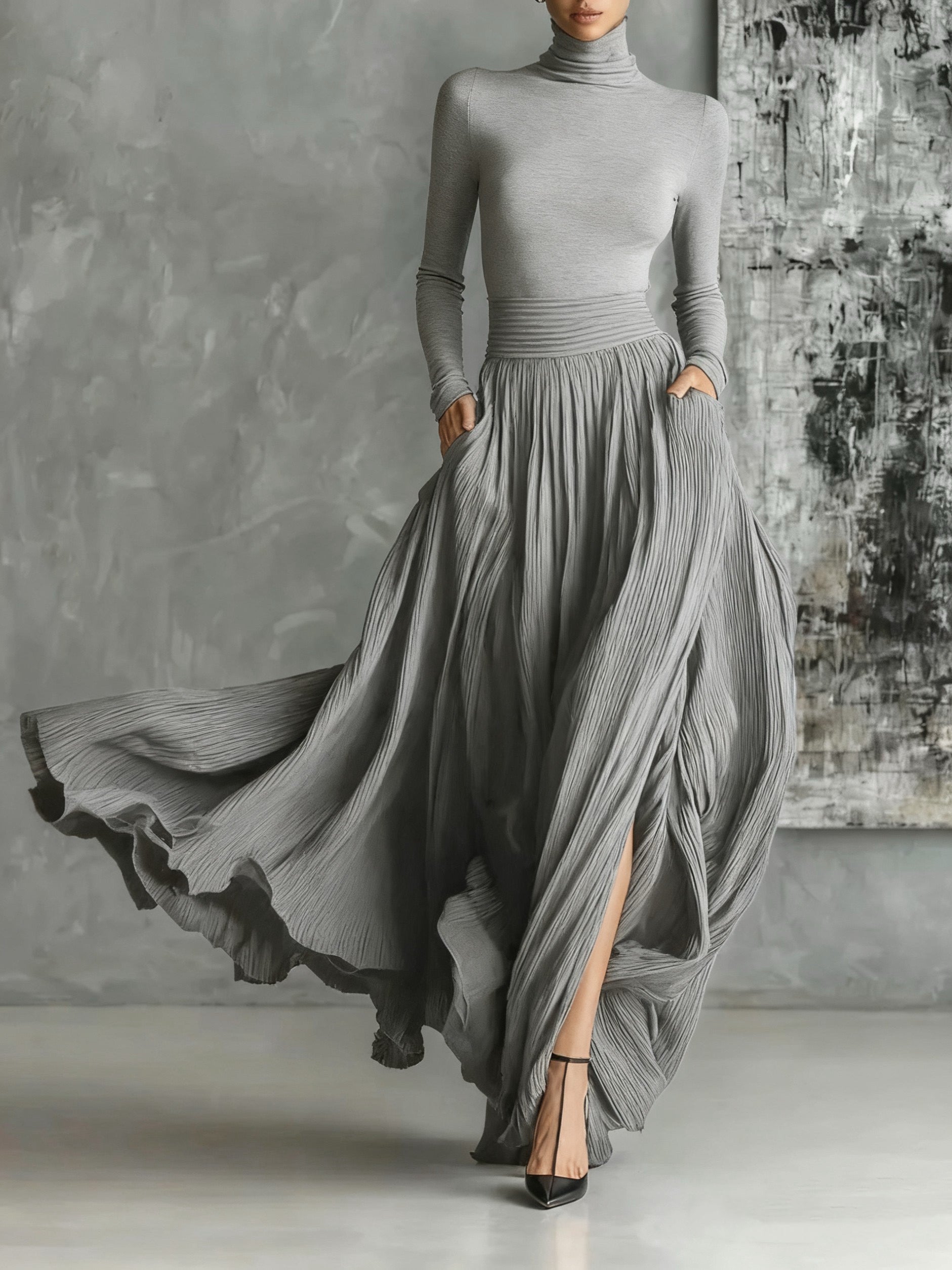 Fashion All Black Skinny Turtleneck T-shirt Pleated Skirt Set-thevervian