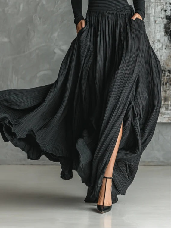 Fashion All Black Skinny Turtleneck T-shirt Pleated Skirt Set-thevervian