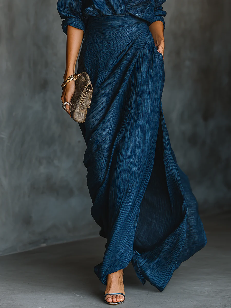 Elegant Dark Blue Cotton And Linen Blend Shirt Long Skirt Set-thevervian