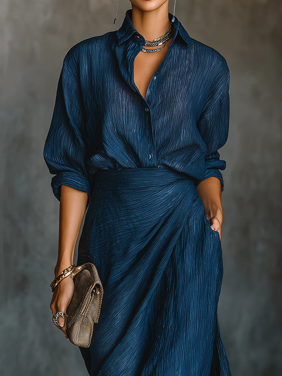 Elegant Dark Blue Cotton And Linen Blend Shirt Long Skirt Set-thevervian