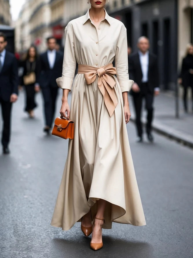 Elegant Long-sleeved Shirt-style Tie Maxi Dress-thevervian