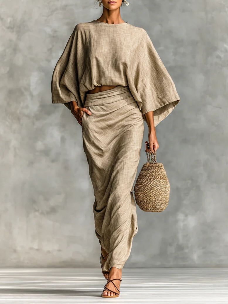 Cotton And Linen Blend Bat Sleeve Long Skirt Two-piece Set-thevervian