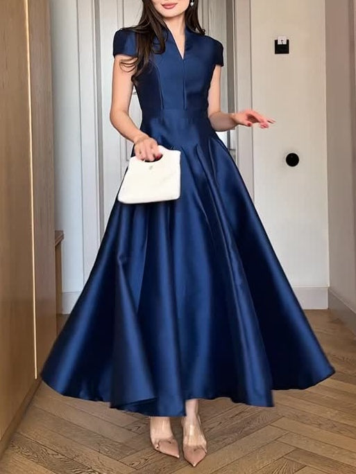 Elegant Dark Blue V-neck Long Dress-thevervian