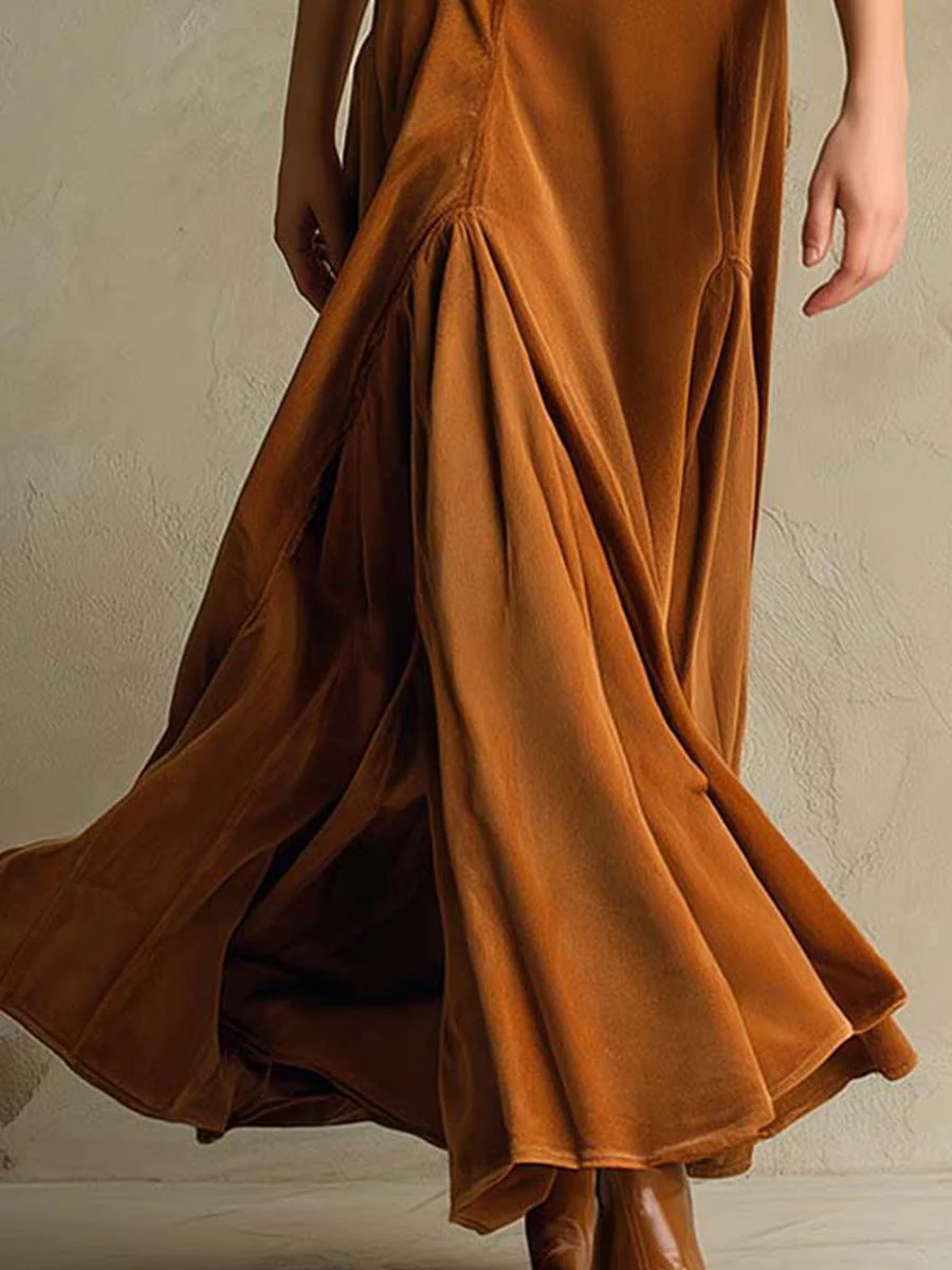 Brown Elegant Retro Suit Collar Velvet Long Dress-thevervian