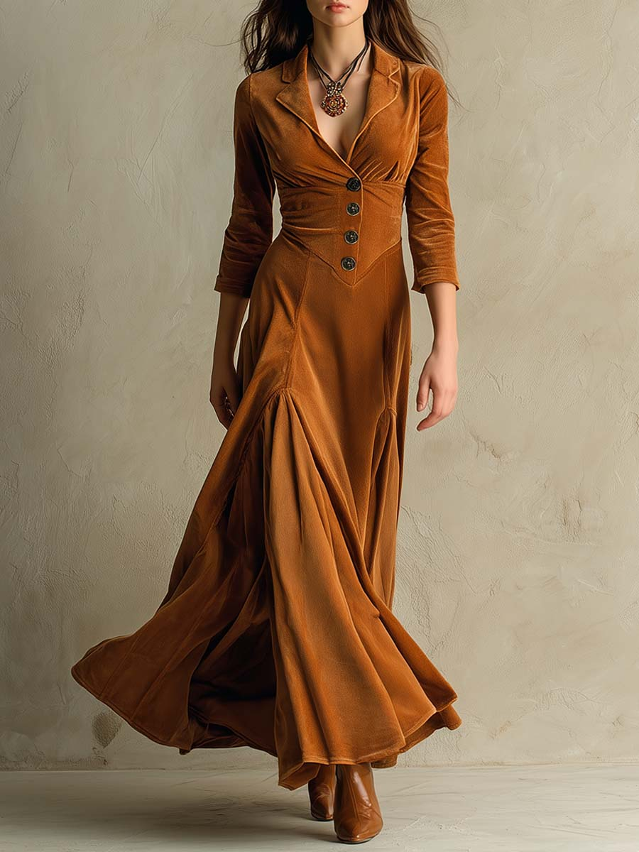 Brown Elegant Retro Suit Collar Velvet Long Dress-thevervian
