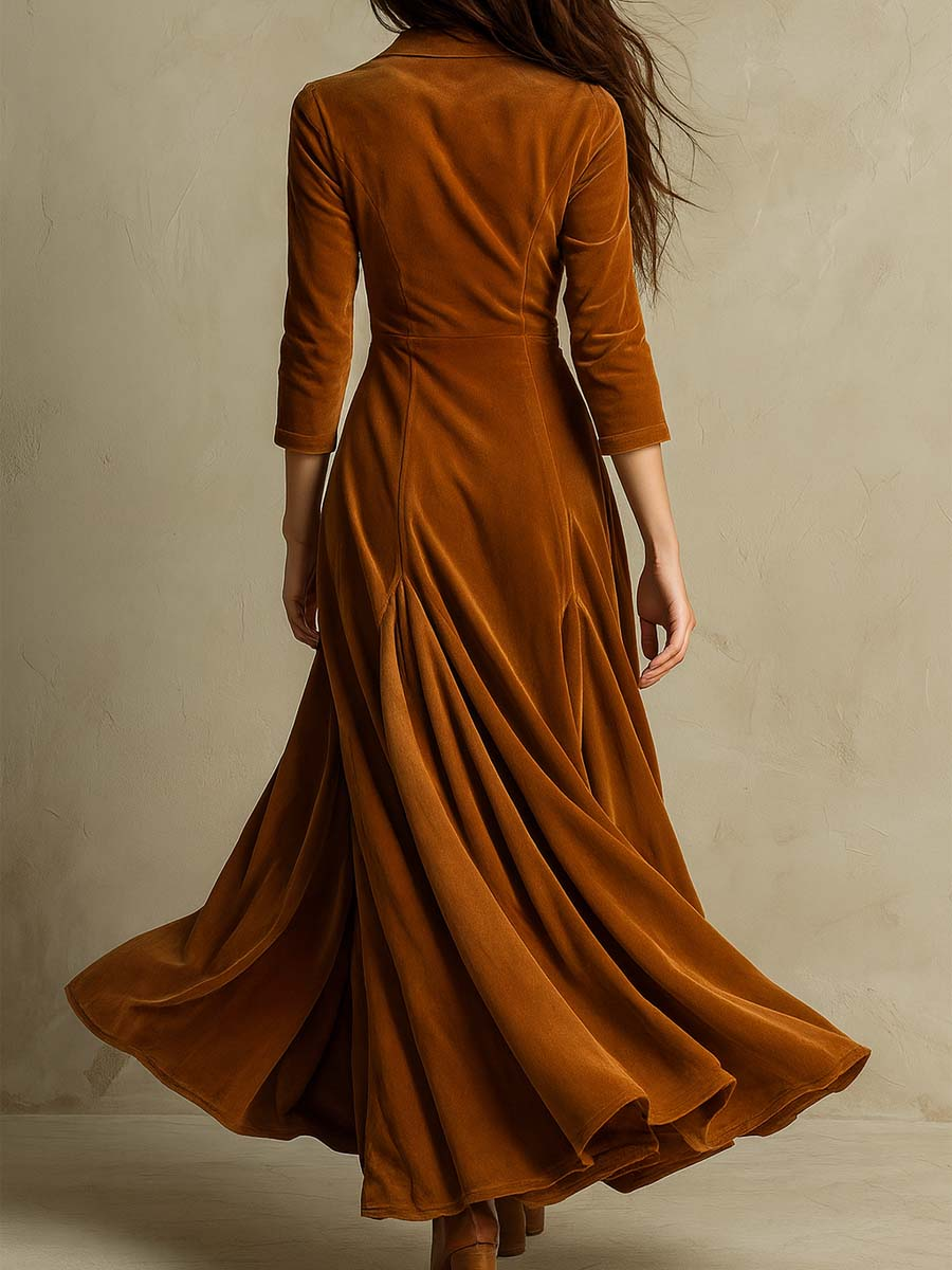 Brown Elegant Retro Suit Collar Velvet Long Dress-thevervian