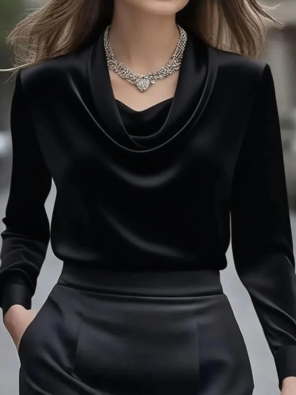 Elegant Solid Color Satin Collar Shirt-thevervian