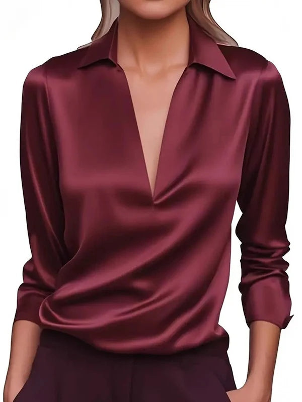 Solid Color Satin V-neck Long-sleeved Casual Shirt-thevervian