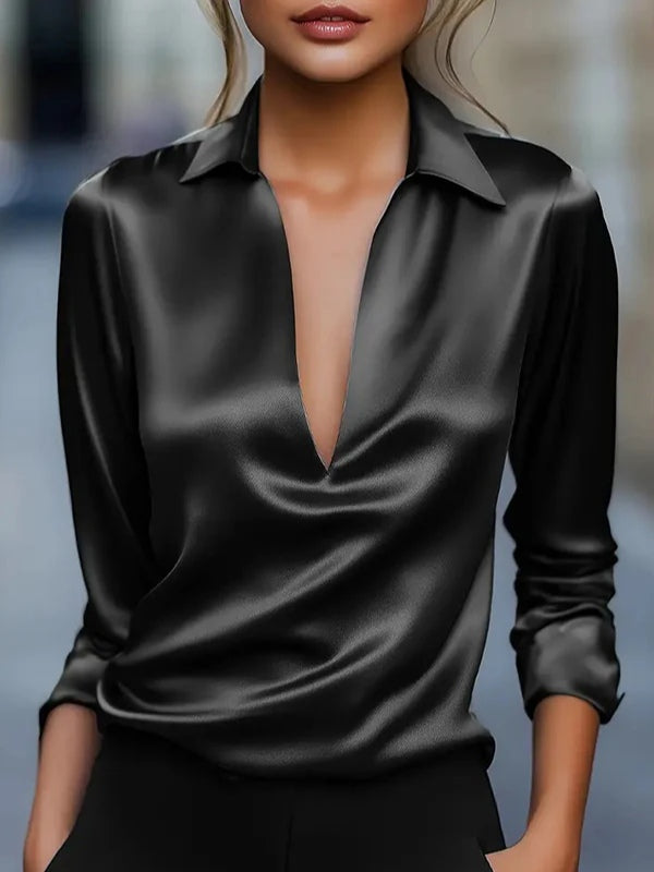 Solid Color Satin V-neck Long-sleeved Casual Shirt-thevervian