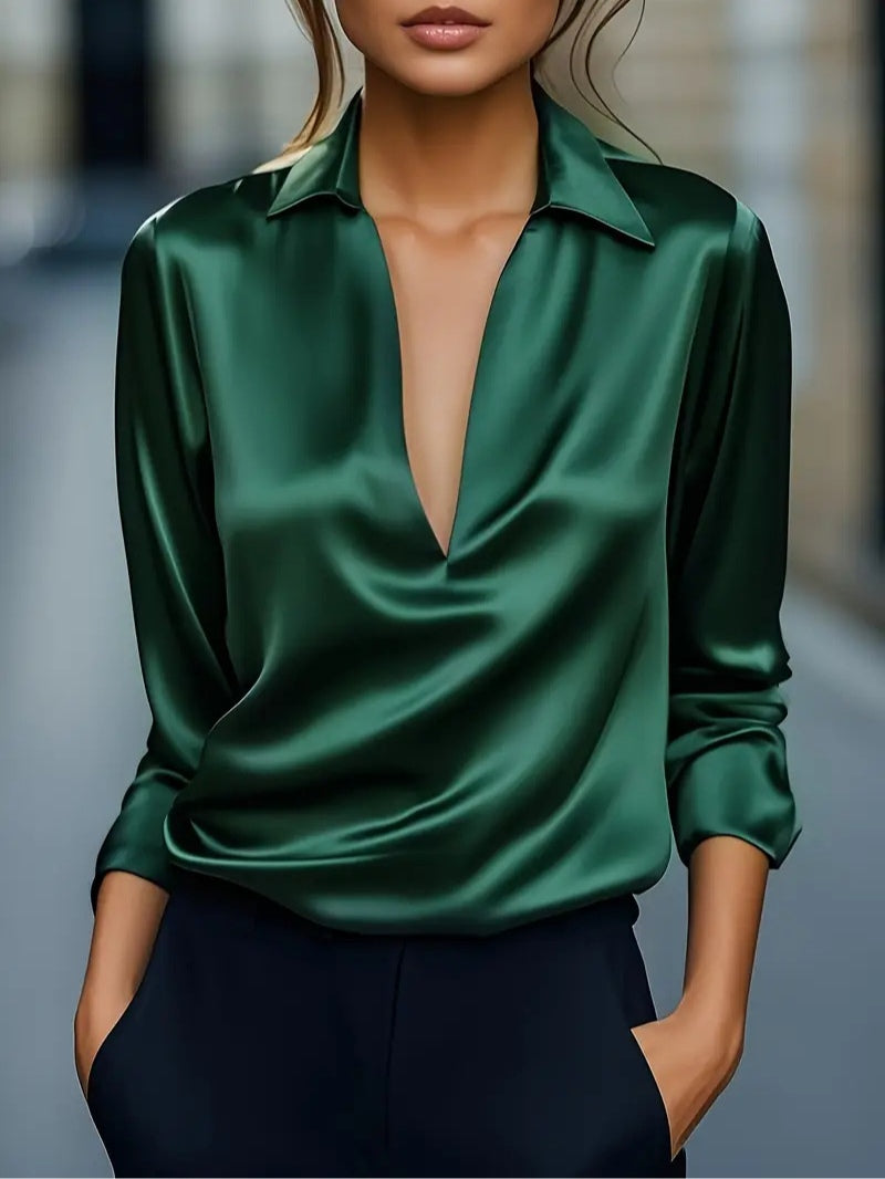 Solid Color Satin V-neck Long-sleeved Casual Shirt-thevervian