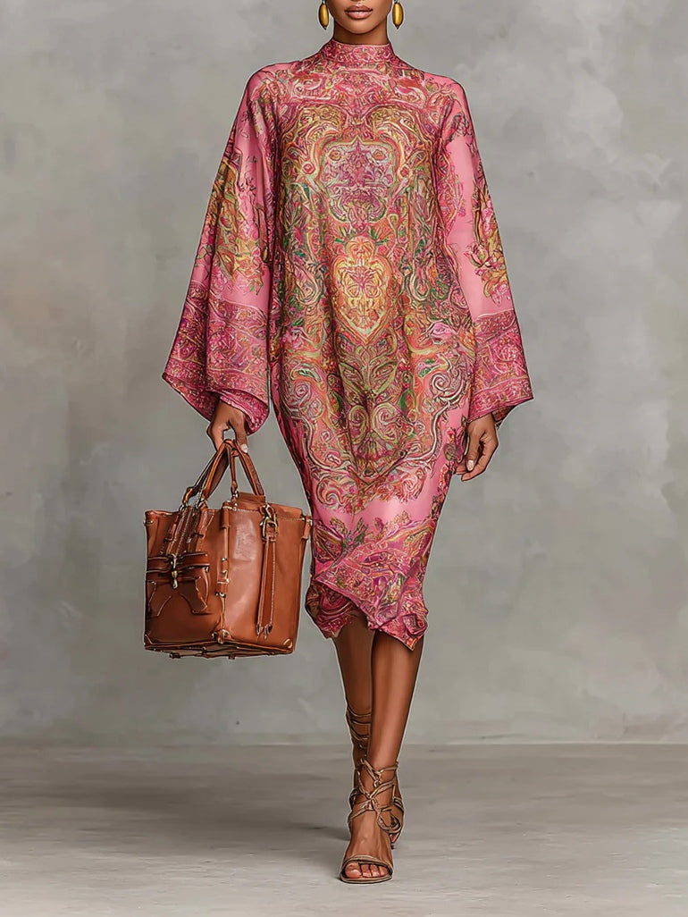Pink Paisley Print Flared Long Sleeve Loose Midi Dress-thevervian