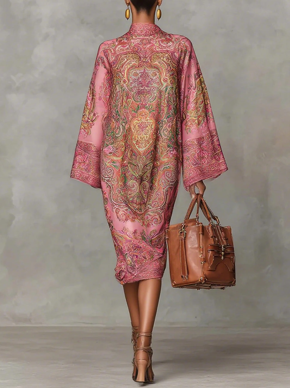 Pink Paisley Print Flared Long Sleeve Loose Midi Dress-thevervian