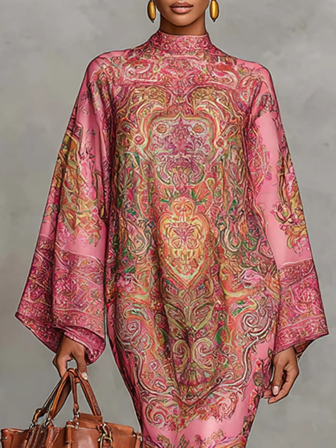 Pink Paisley Print Flared Long Sleeve Loose Midi Dress-thevervian