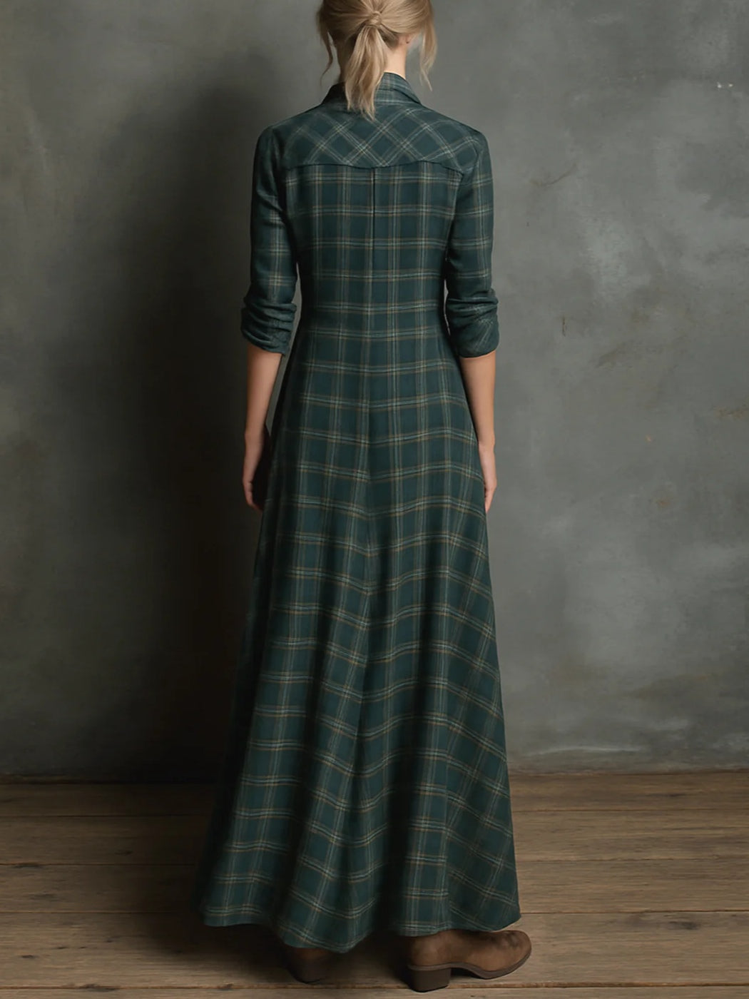 Green Plaid Lapel Single-Breasted Shirt Long Dress-thevervian