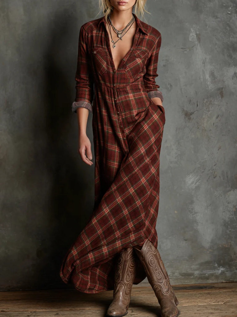 Green Plaid Lapel Single-Breasted Shirt Long Dress-thevervian
