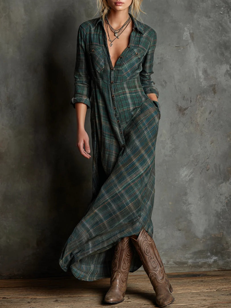 Green Plaid Lapel Single-Breasted Shirt Long Dress-thevervian