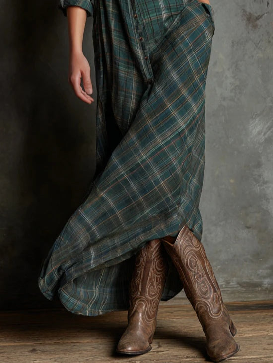 Green Plaid Lapel Single-Breasted Shirt Long Dress-thevervian