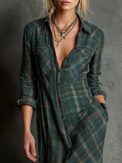 Green Plaid Lapel Single-Breasted Shirt Long Dress-thevervian