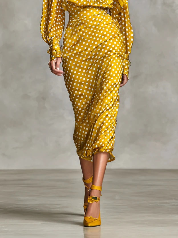 Vintage Satin Polka Dot Print Shirt And Skirt Two-Piece Set-thevervian