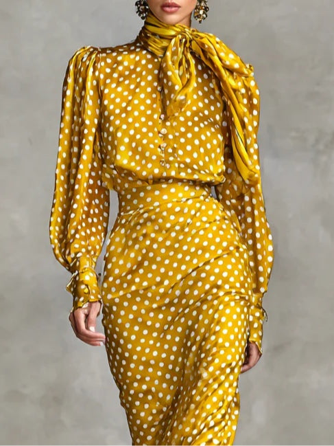 Vintage Satin Polka Dot Print Shirt And Skirt Two-Piece Set-thevervian