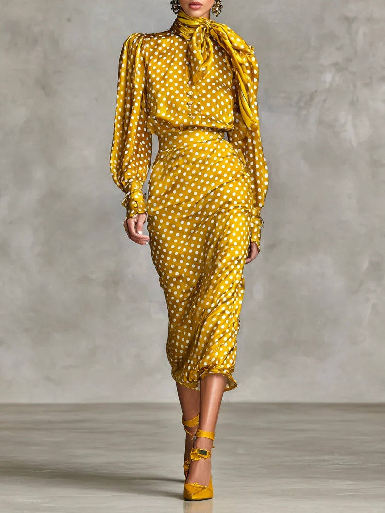 Vintage Satin Polka Dot Print Shirt And Skirt Two-Piece Set-thevervian