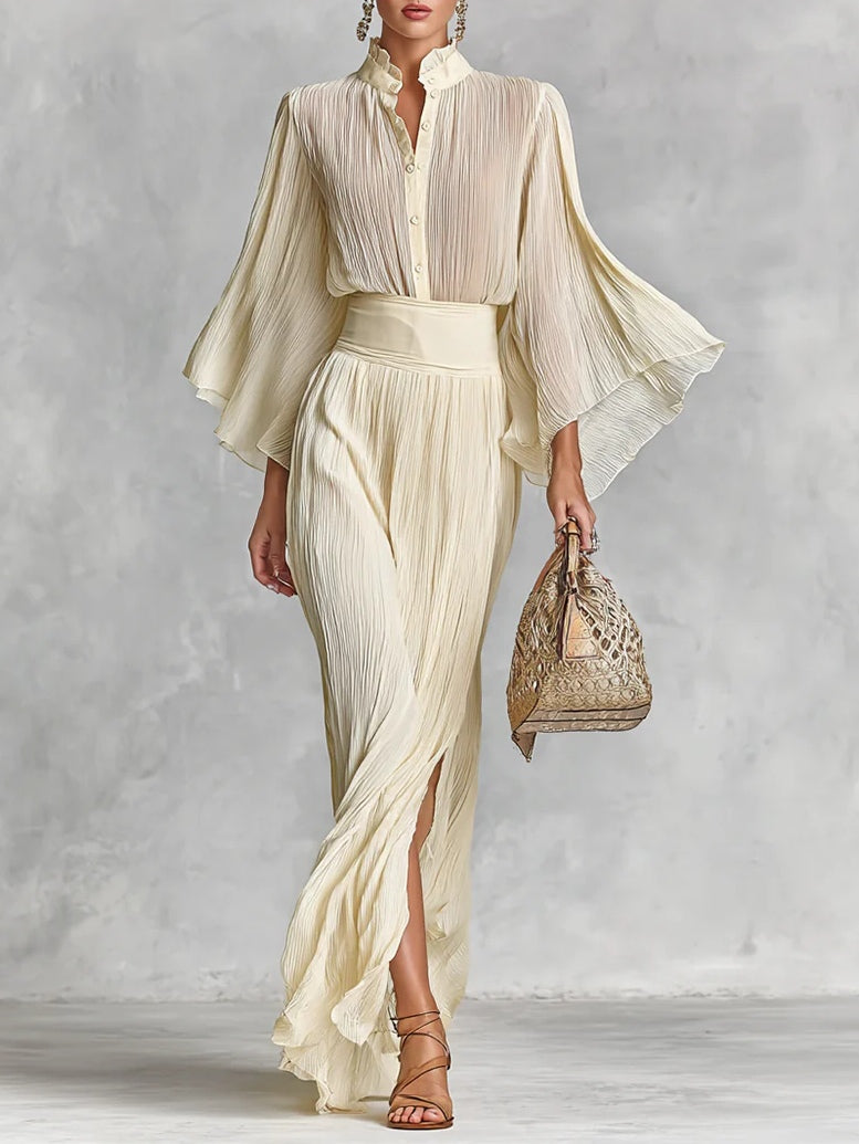 Pleated Stand Collar Trumpet Sleeve Shirt Slit Floor Length Skirt Two-piece Set-thevervian