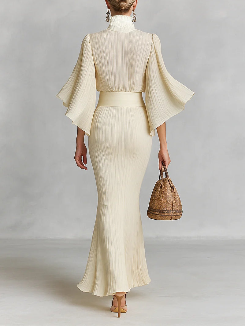 Pleated Stand Collar Trumpet Sleeve Shirt Slit Floor Length Skirt Two-piece Set-thevervian