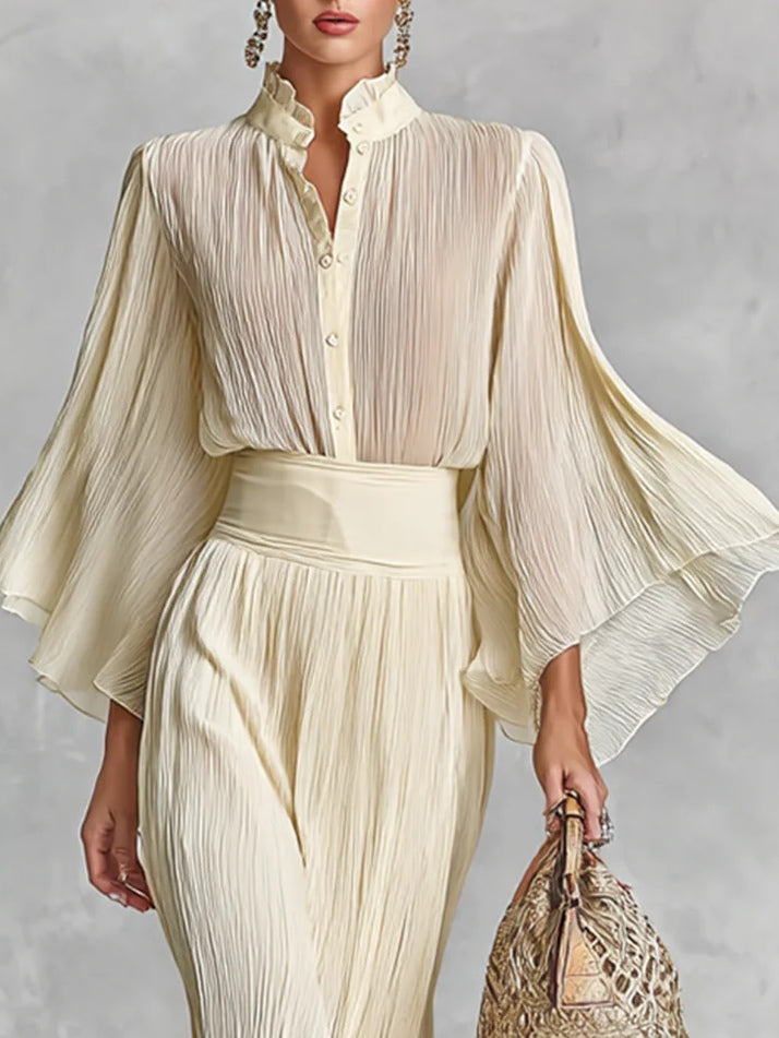 Pleated Stand Collar Trumpet Sleeve Shirt Slit Floor Length Skirt Two-piece Set-thevervian