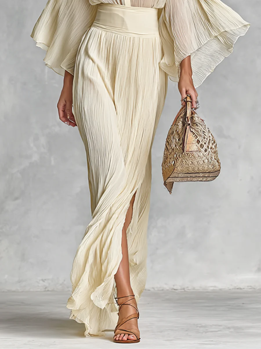 Pleated Stand Collar Trumpet Sleeve Shirt Slit Floor Length Skirt Two-piece Set-thevervian