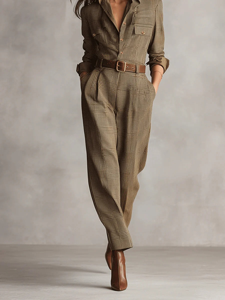 Brown Sophisticated Tweed Texture Plaid Utility Jumpsuit-thevervian