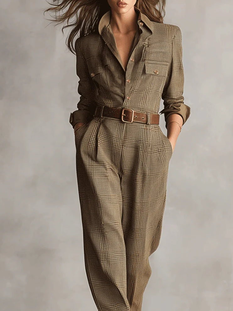 Brown Sophisticated Tweed Texture Plaid Utility Jumpsuit-thevervian