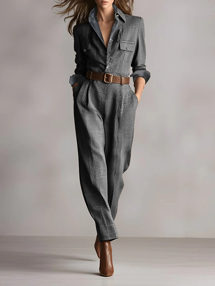 Brown Sophisticated Tweed Texture Plaid Utility Jumpsuit-thevervian